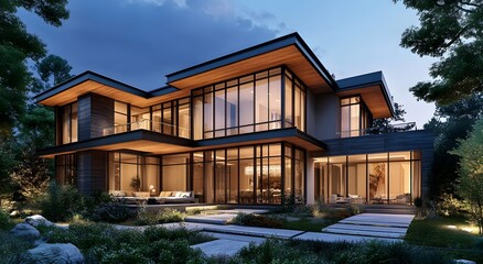Fototapeta premium Modern two-story luxury minimalist cubic house with large windows and glass walls featuring wooden accents and modern architectural style. Decorated in dark tones, residential architecture exterior.