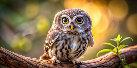 Obraz premium A heartwarming portrait of a miniature owl, showcasing its captivating gaze and delicate features.