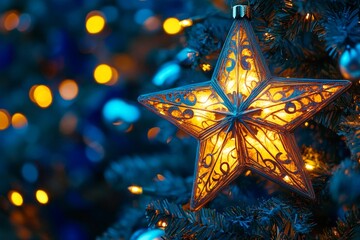 A beautifully decorated Christmas tree with a glowing star ornament, creating a festive and magical atmosphere. The star symbolizes hope, guidance, and the joy of the season. The warm glow adds to the