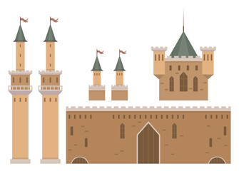 Brown medieval castle with towers, walls, and flags on turrets. Includes multiple tall towers with red flags and a central fortified structure. Ideal for historical themes fantasy themes educational