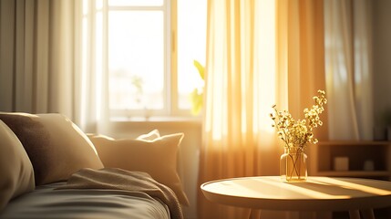 Warm and Peaceful Living Room with Sunlit Plants and Comfortable Setting : Generative AI