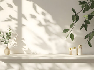 Modern, minimal empty cream white counter table top in sunlight, tree leaf foliage shadow on wall for luxury organic fashion, beauty, cosmetic, skincare, body care product display background 3D