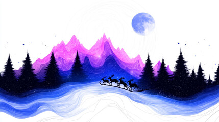 A whimsical winter scene with a sleigh pulled by reindeer, a large moon, and a starry sky.