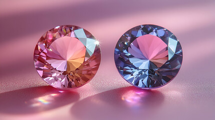 Fototapeta premium Two sparkling, faceted gemstones—one pink and one blue—gleam against a soft pastel background, showcasing their vibrant colors and brilliance.