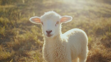Obraz premium A cute lamb stands in a sunlit field, showcasing its fluffy wool and playful demeanor.