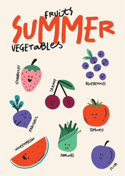 Naklejki Cute cartoon summer fruits and vegetables. Vector children's illustration. A fun print. Baby room poster.