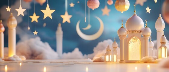 A whimsical nighttime scene with a crescent moon, stars, and ornate buildings.