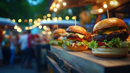 Vibrant food truck festival at night with delicious burgers on display, capturing the essence of street dining. AI generated illustration