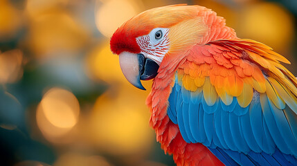 Obraz premium A vibrant scarlet macaw perched gracefully, displaying its stunning multicolored feathers against a soft, blurred background of warm hues.