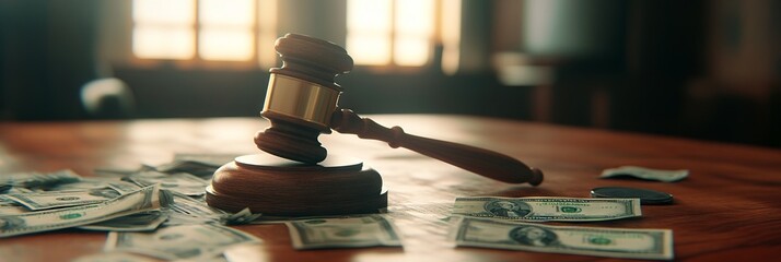 Close-up of a gavel and cash on a table, symbolizing the intersection of justice and business. AI generated illustration