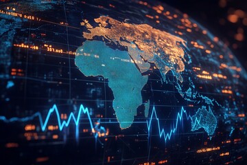 Upward-trending stock market chart over Earth with South Africa outline. AI generated illustration