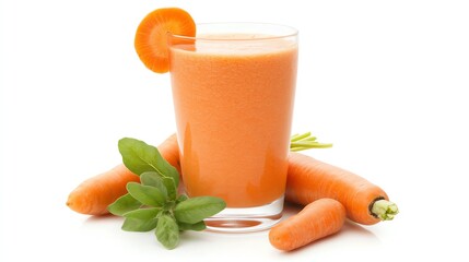 Fresh carrot juice served in a glass, garnished with a slice of carrot, showcasing vibrant color and healthy ingredients.