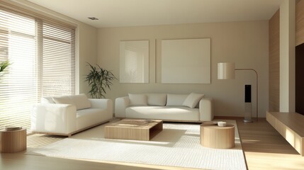 Minimalist Living Room Interior Design with White Furniture and Wooden Accents