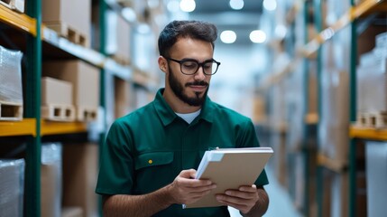 Supervisor managing return processing line, digital tools, organized logistics
