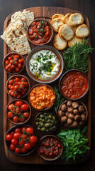 Fototapeta premium beautifully arranged platter of festive Christmas appetizers, including stuffed mushrooms and festive dips, set against a rustic wooden table, perfect for a vibrant smartphone wallpaper