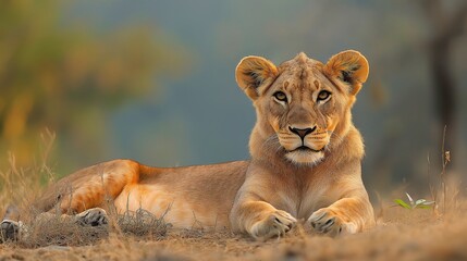 Obraz premium lion in national park in the evening