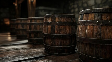Row of old wooden barrels, dark brown wood, aged and weathered texture, warm lighting, rustic atmosphere