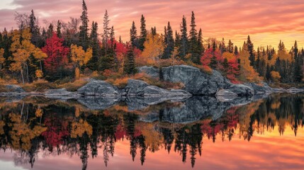 Obraz premium A stunning view of a forest reflecting in a calm lake at sunset. The water is smooth and the colors of the trees are vibrant.