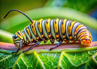 Naklejka premium A vibrant Danaus Chrysippus caterpillar, a miniature leaf-eater, immortalized in close-up macro photography.