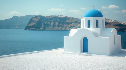 Obraz premium tranquil beach scene with a traditional white church and blue dome surrounded by serene waters and rocky hills capturing the essence of peace and natures beauty