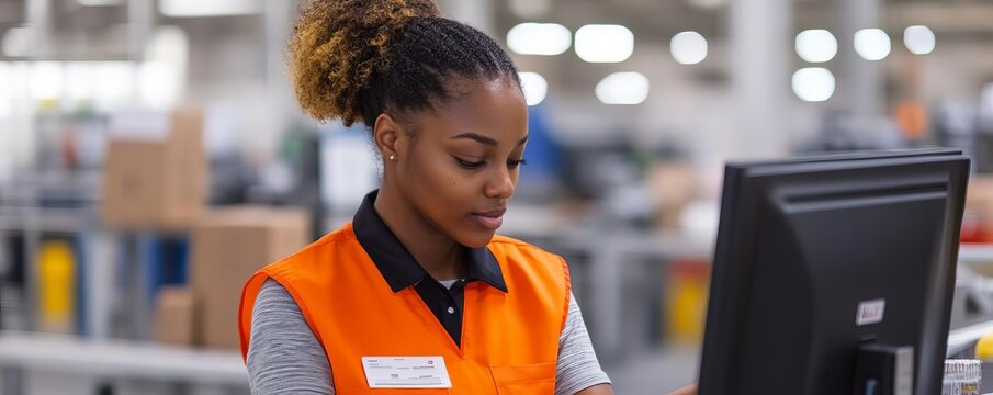 Worker scanning returned item, organized processing line