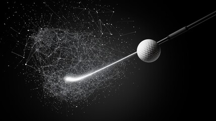 Golf ball with blue particles, abstract lines, digital drawing