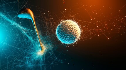 Golf ball with blue particles, abstract lines, digital drawing