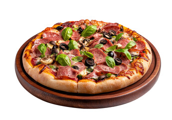 Whole pizza with ham, olives, cheese and basil leaves on a wooden plate isolated on a transparent background, png cutout. 