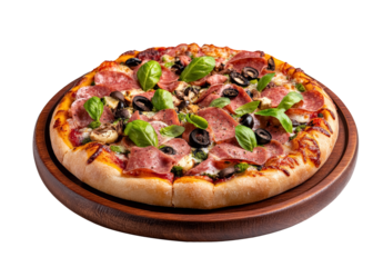 Whole pizza with ham, olives, cheese and basil leaves on a wooden plate isolated on a transparent background, png cutout.