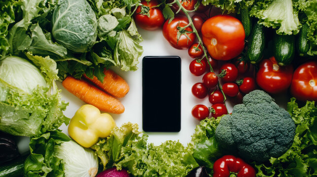 Order confirmation screen displayed on smartphone among fresh vegetables for online grocery shopping