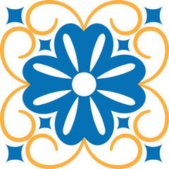 Stylized blue flower with white petals and yellow ornaments creating a seamless repeating pattern, ideal for textile, wallpaper, or ceramic tile design