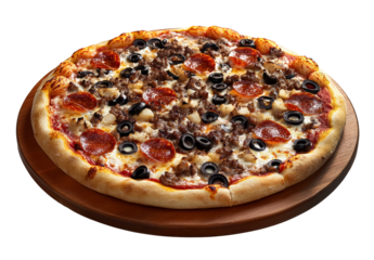 Salami pizza with olives and cheese on a wooden plate isolated on a transparent background, png cutout.