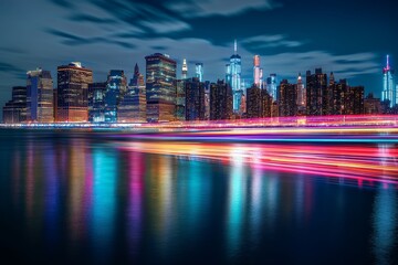Fototapeta premium A captivating view of a vibrant city skyline at night, with illuminated skyscrapers reflected in the water, showcasing a sense of energy, progress, and urban life.
