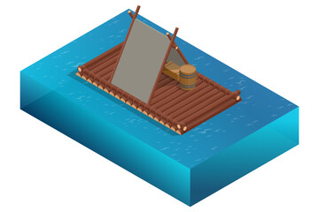 Isometric Travel down the river on a wooden raft. Rest and travel