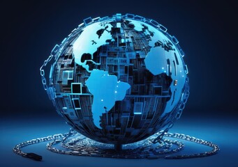 Digital globe wrapped in chains, symbolizing the restriction of truth and the global impact of fake news