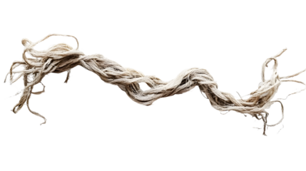 A frayed, twisted, and knotted piece of string lies on a white background, evoking a worn and melancholic tone, contributing to a somber mood