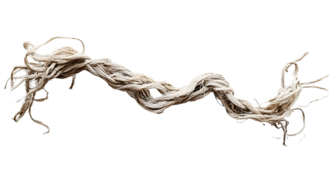 A frayed, twisted, and knotted piece of string lies on a white background, evoking a worn and melancholic tone, contributing to a somber mood