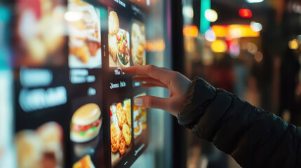 Customer selecting meal from digital menu display in fast food restaurant