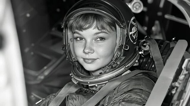 Valentina Tereshkova, the first woman in space, is seen in a cockpit before her historic flight