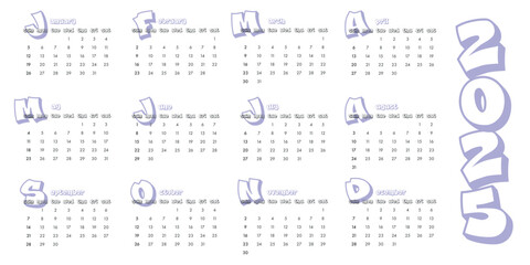 Classic monthly calendar for 2023. Minimalistic gorisontal calendar. The week starts on Sunday.