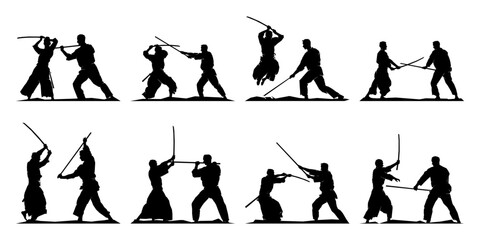 Collection of two men practicing sword fight, traditional Japanese martial art, silhouette vector illustration