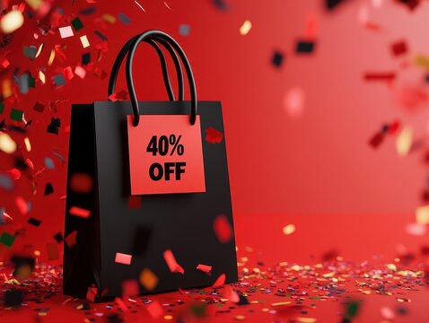A black shopping bag with a red discount tag reading "40% OFF," surrounded by colorful confetti against a vibrant red background.