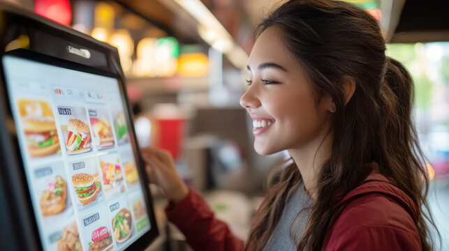 Smiling customer finalizing order on touchscreen at fast food restaurant