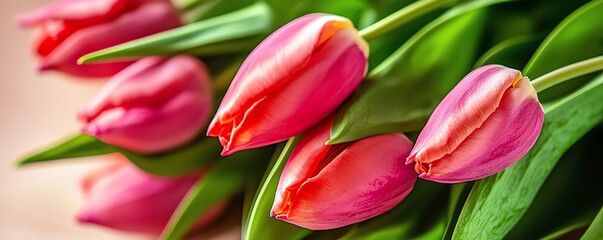Obraz premium A vibrant arrangement of pink tulips with lush green leaves, creating a fresh and cheerful floral display.