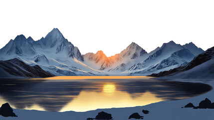 On a transparent background, winter lake mountain range. Fantasy landscape. PNG