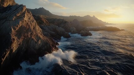 Obraz premium A panoramic view of a rocky coastline with crashing waves at sunset.