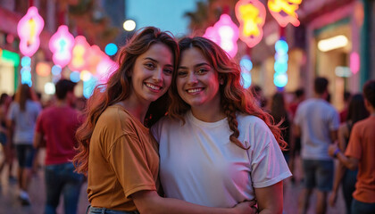 Two joyful women posing in a vibrant street market at night. They're smiling and embrace each other, set against neon lights, creating a lively atmosphere with a festive vibe. 