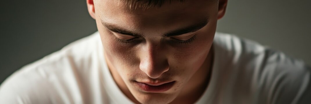 Close-up portrait of a young man looking down in thought, reflecting on life,  his serious expression conveys contemplation and introspection, making it ideal for a range of themes from personal strug