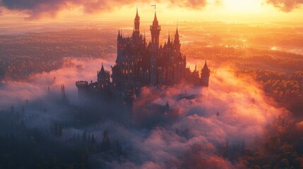 Naklejka premium A majestic castle emerges from the mist at sunset capturing the enchantment of fantasy landscapes