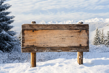 wooden sign with copy space for text in winter